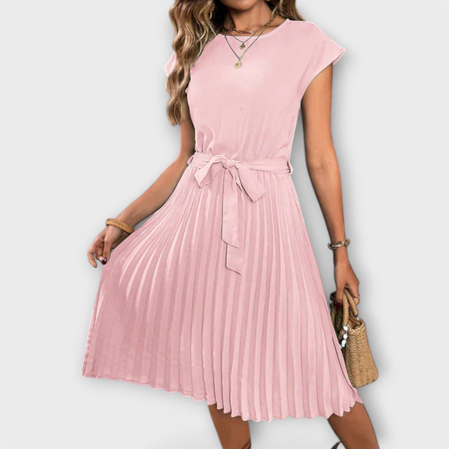 Claire - Vestido midi casual de manga corta con pliegues