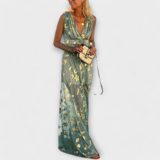 Vestido fluido con escote en V y detalles de lentejuelas