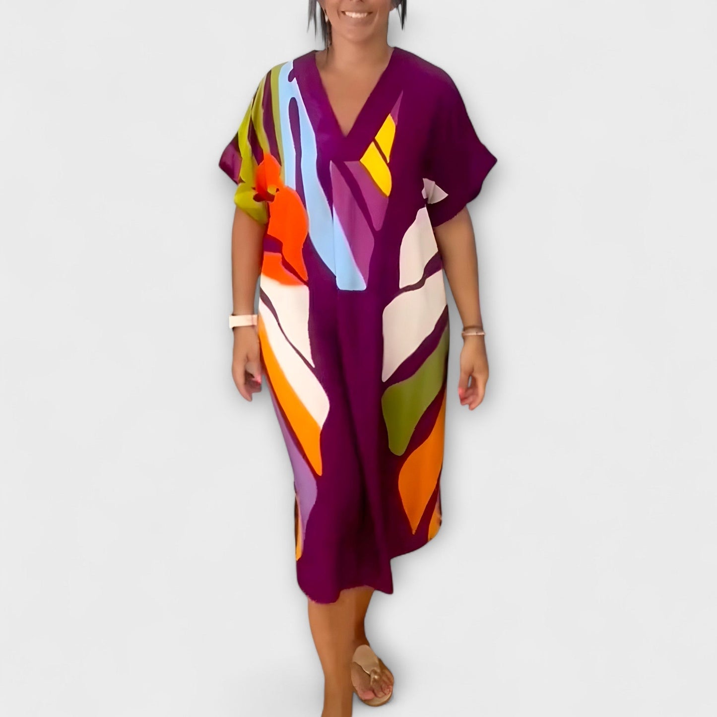 Roos - Vestido informal con estampado de hojas colorido