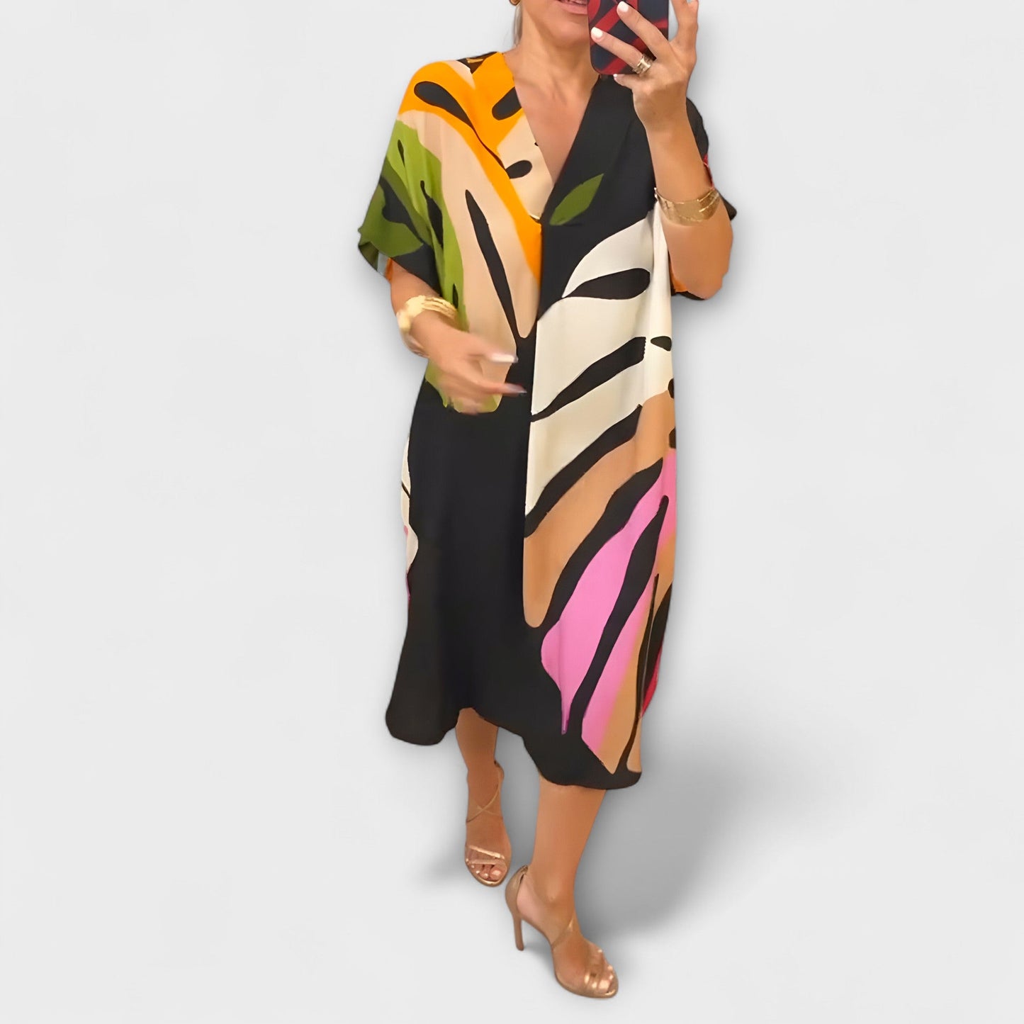 Roos - Vestido informal con estampado de hojas colorido