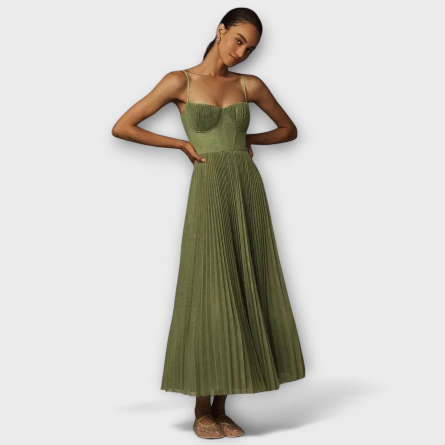 Marilyn - Vestido midi de tul con falda plisada y diseño de corsé