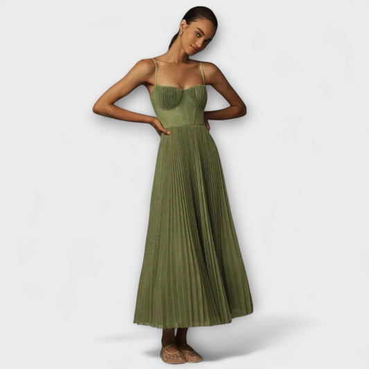 Marilyn - Vestido midi de tul con falda plisada y diseño de corsé