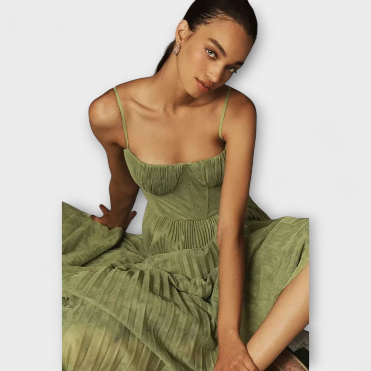 Marilyn - Vestido midi de tul con falda plisada y diseño de corsé