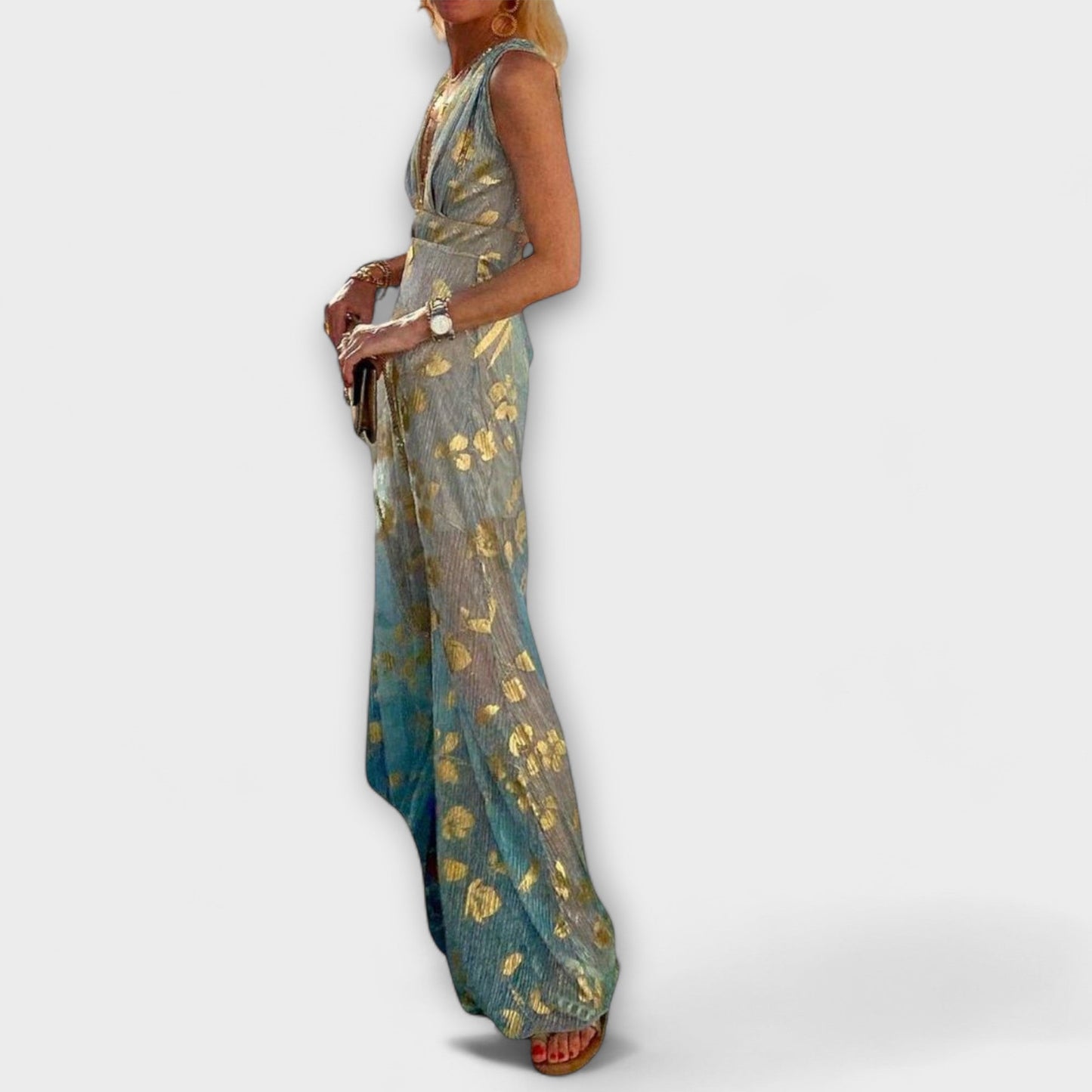 Vestido fluido con escote en V y detalles de lentejuelas