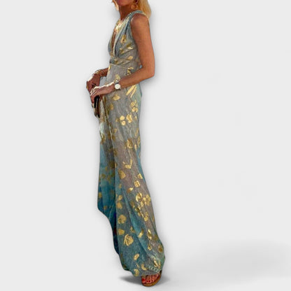 Vestido fluido con escote en V y detalles de lentejuelas