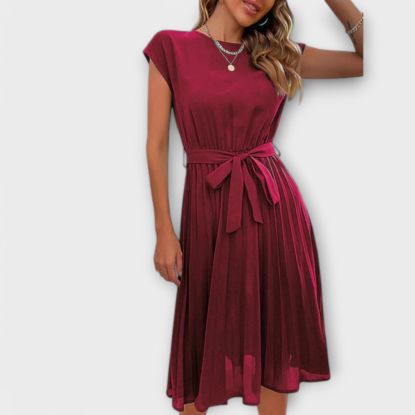 Claire - Vestido midi casual de manga corta con pliegues