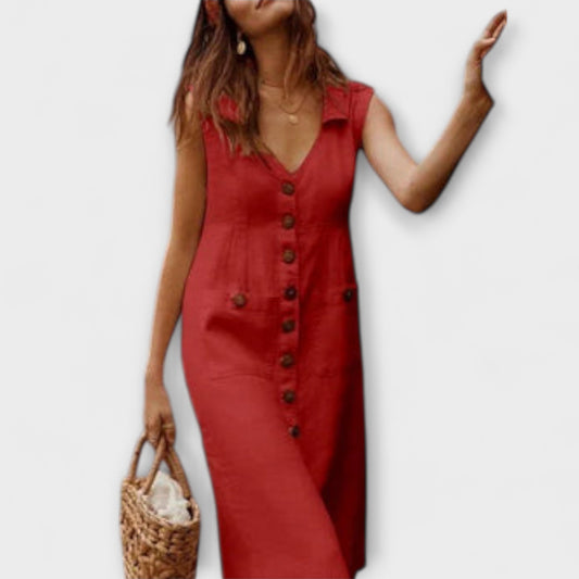 Nora – Vestido A-line de algodón y lino con cuello solapa