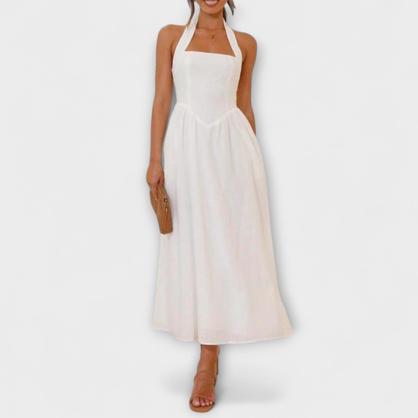 Lydia - Vestido midi negro con collar y detalle en la cintura