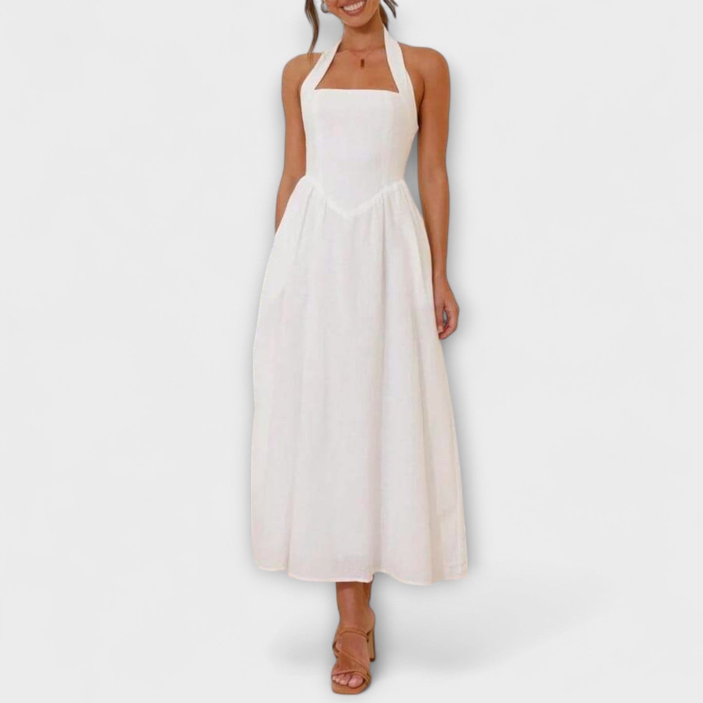 Lydia - Vestido midi negro con collar y detalle en la cintura